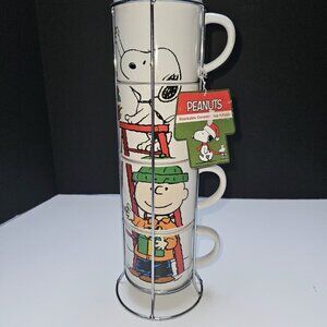 PEANUTS Snoopy Charlie Brown Stackable Mug 4 Pack Christmas Tree Trimming NWT